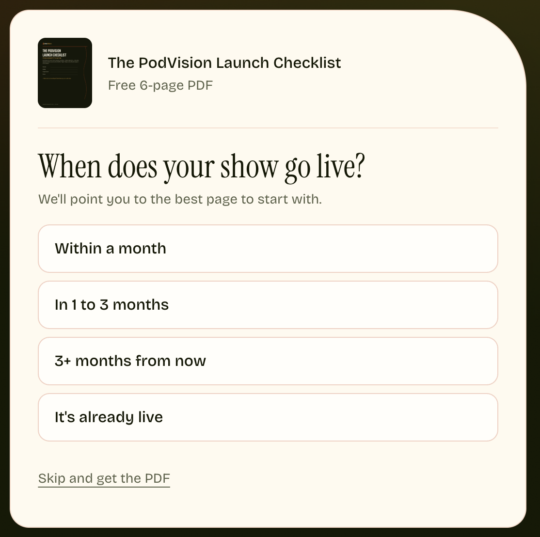 Preview of the PodVision Launch Checklist, a free 6-page PDF, opening with the question: when does your show go live?