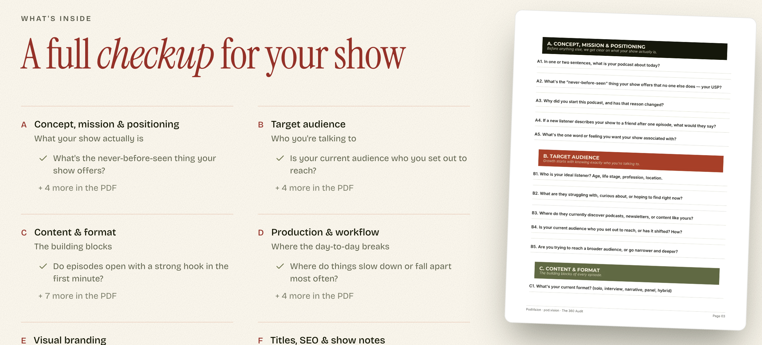 Preview of the 360 podcast audit: questions on concept and positioning, target audience, content and format, and production, next to a page of the PDF