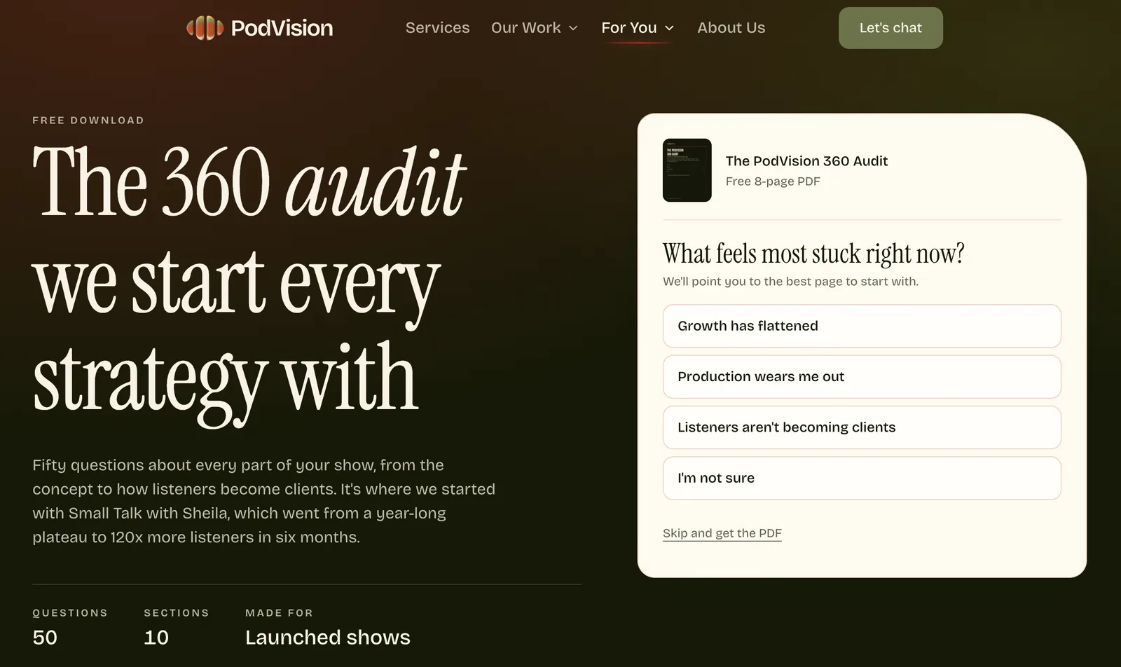 The PodVision 360 Audit page: a free PDF with 50 questions across 10 sections, next to a short quiz asking what feels most stuck with your podcast right now