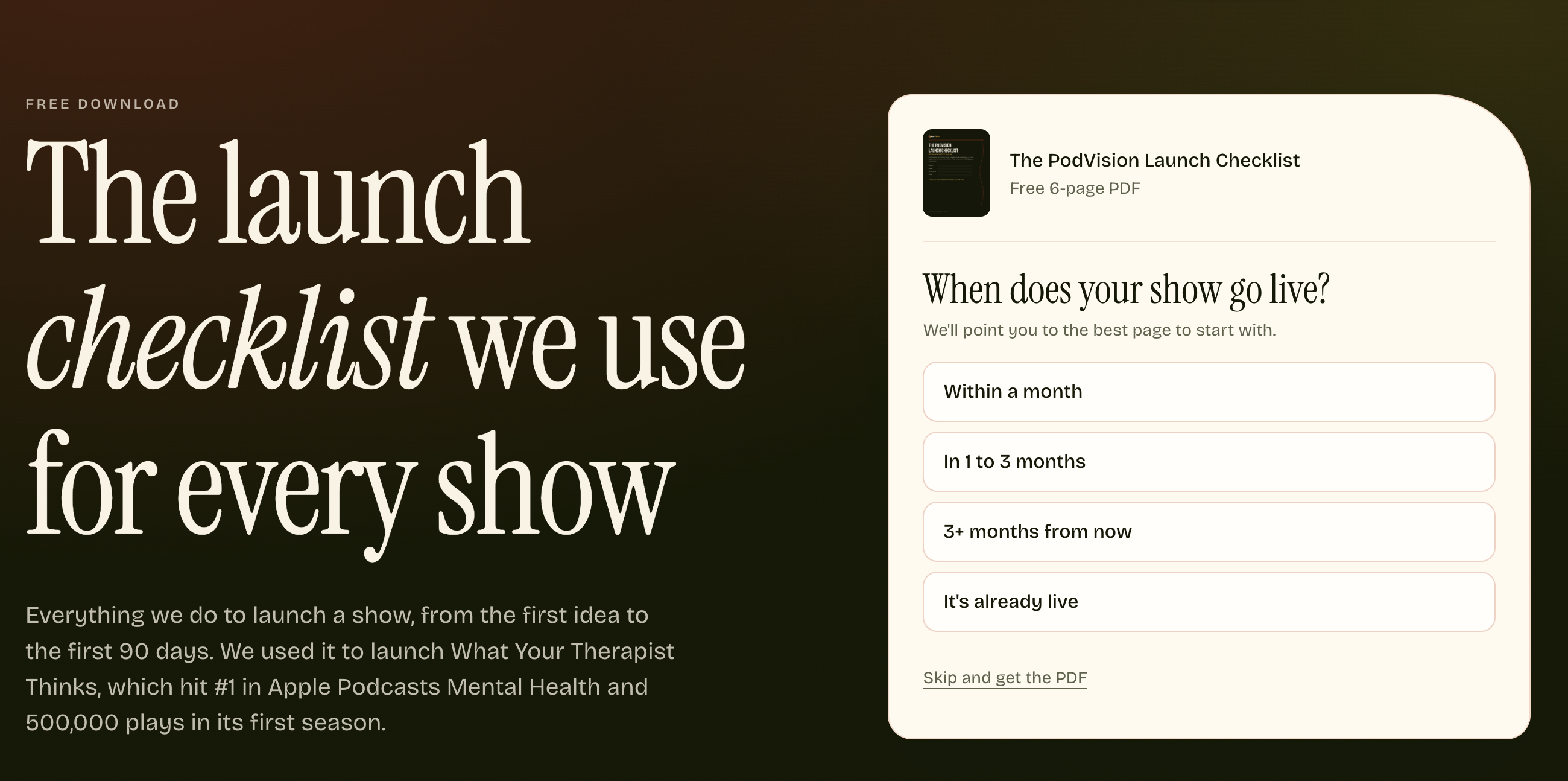 The PodVision Launch Checklist page: the launch checklist we use for every show, a free 6-page PDF